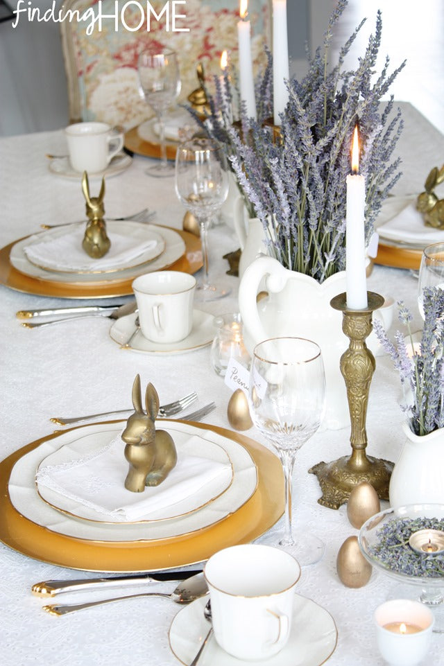 Vintage Brass and Lavender Easter Tablescape