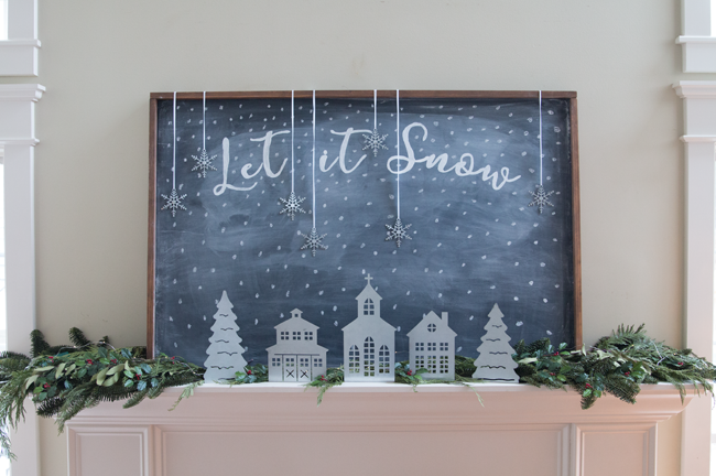 Let it Snow Chalkboard & Galvanized Village Christmas Mantel